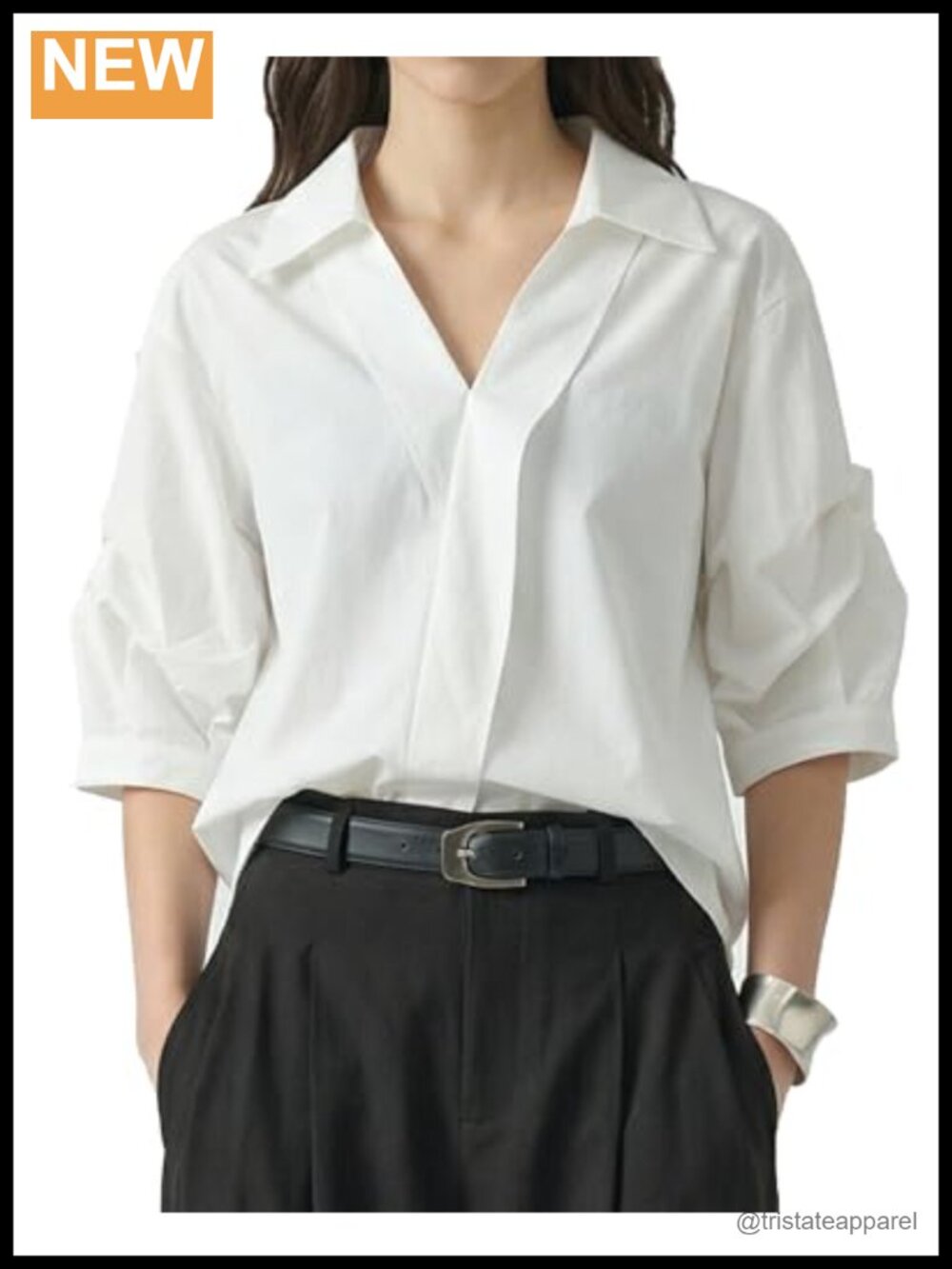 Women's Ruched Blouse V Neck Half Sleeve Office Top